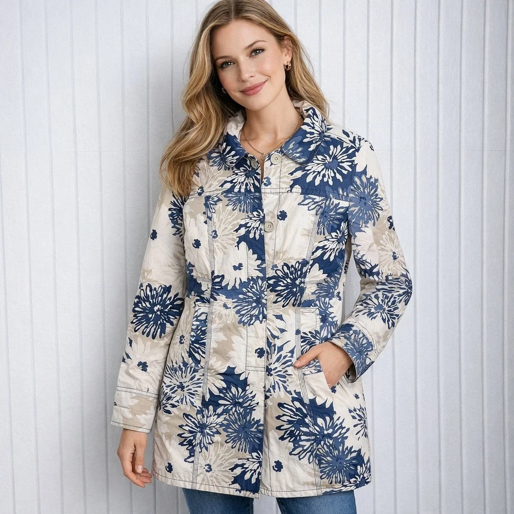 Eddie Bauer Rain Coat Floral Spring Jacket Retro Style Flowers Blue White Size S